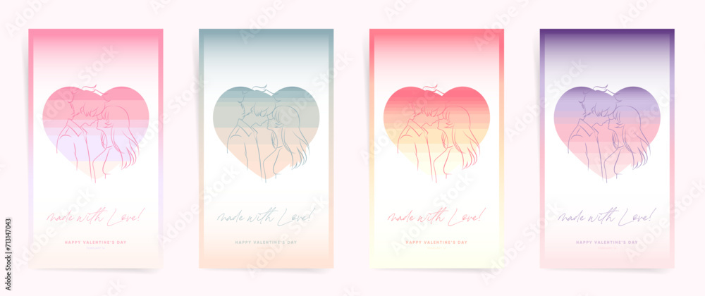 Trendy Gradient Social Media Templates for Valentine's Day and Spring Celebrations - Romantic Aesthetic with Soft Blur and Circle Layouts. Anime Boy and Girl Couple Kissing.