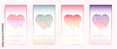 Trendy Gradient Social Media Templates for Valentine's Day and Spring Celebrations - Romantic Aesthetic with Soft Blur and Circle Layouts. Anime Boy and Girl Couple Kissing.