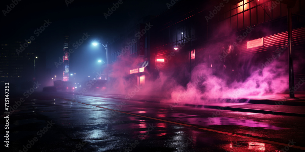 Dark empty street with neon lights spotlights and smoke floating up creating an atmospheric night view, Dark street, night smog and smoke neon light. Dark background of the night city