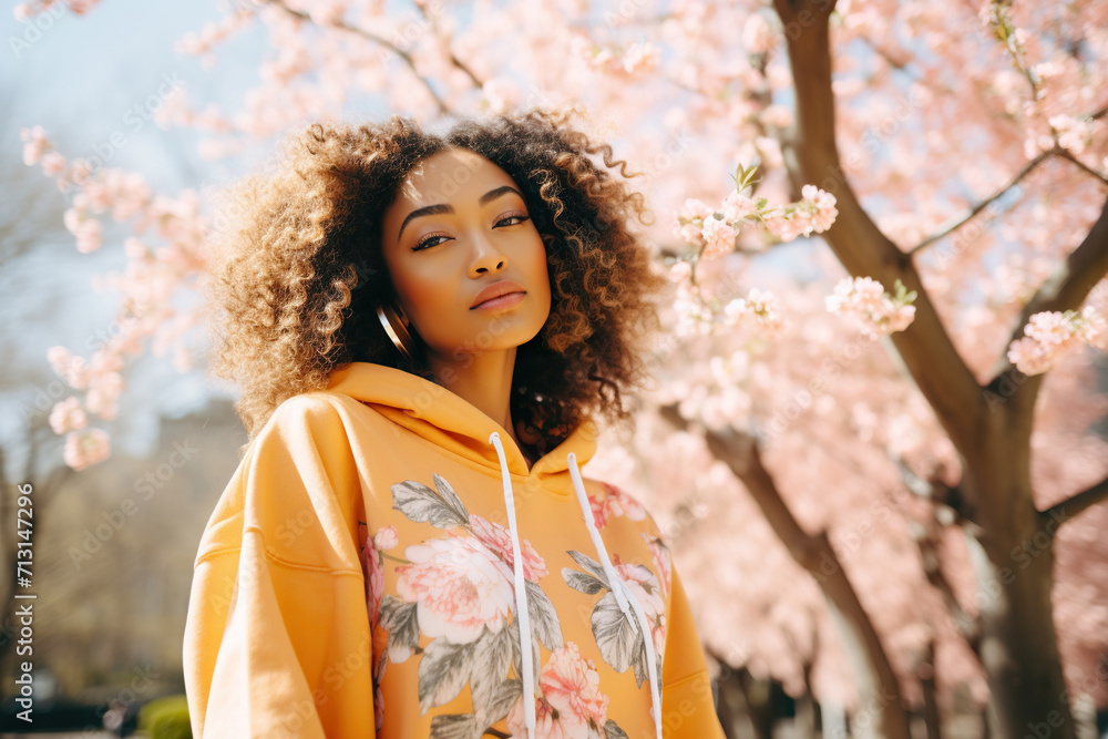 Adorable lovely African American girl wear trendy clothes listen music walk alone in park spring weather weekend travel outdoors Adorable lovely African American girl wear trendy clothes listen music walk alone in park spring weather weekend travel outdoors