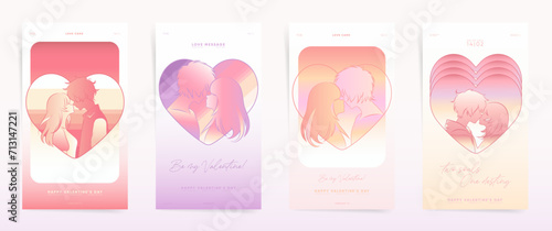 Anime Style Valentine's Day Card Templates - Romantic Asian Aesthetic with Gradient Backgrounds and Manga Characters for Social Media Posts and Greetings. Love Design East Y2k Templates.