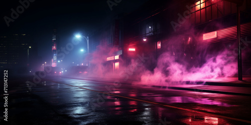 Dark empty street with neon lights spotlights and smoke floating up creating an atmospheric night view, Dark street, night smog and smoke neon light. Dark background of the night city © Aoun