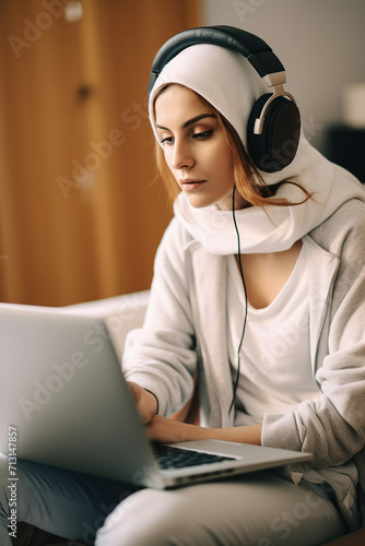 Serious young woman wearing headphones when watching documentary on laptop
