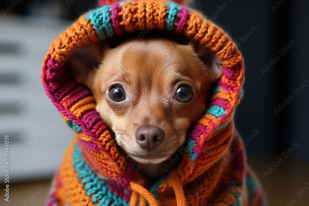 A dog wearing a colorful winter sweater