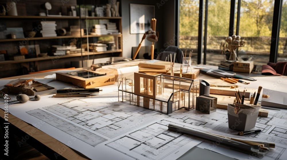 An architect's desk lit by natural light, cluttered with blueprints, a detailed house model, and various design tools. An architect's desk lit by natural light, cluttered with blueprints, a detailed house model, and various design tools.