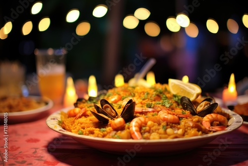 A plate of paella with seafood and saffron rice.