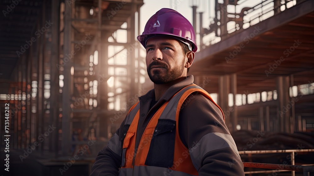 A focused builder in a purple hard hat and safety vest contemplates the progress at a busy construction site. A focused builder in a purple hard hat and safety vest contemplates the progress at a busy construction site.