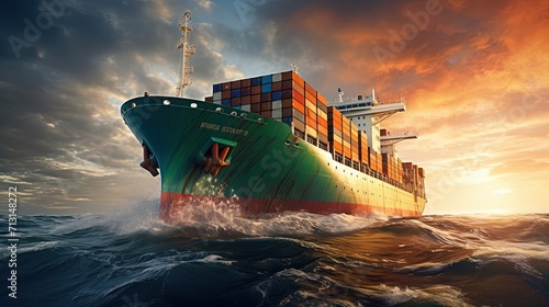 Large container ship embarks on a voyage across the ocean, navigating through rough seas under a captivating dusk sky.