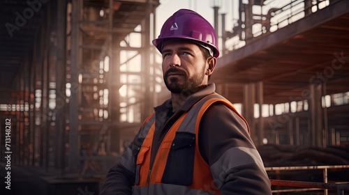 A focused builder in a purple hard hat and safety vest contemplates the progress at a busy construction site.
