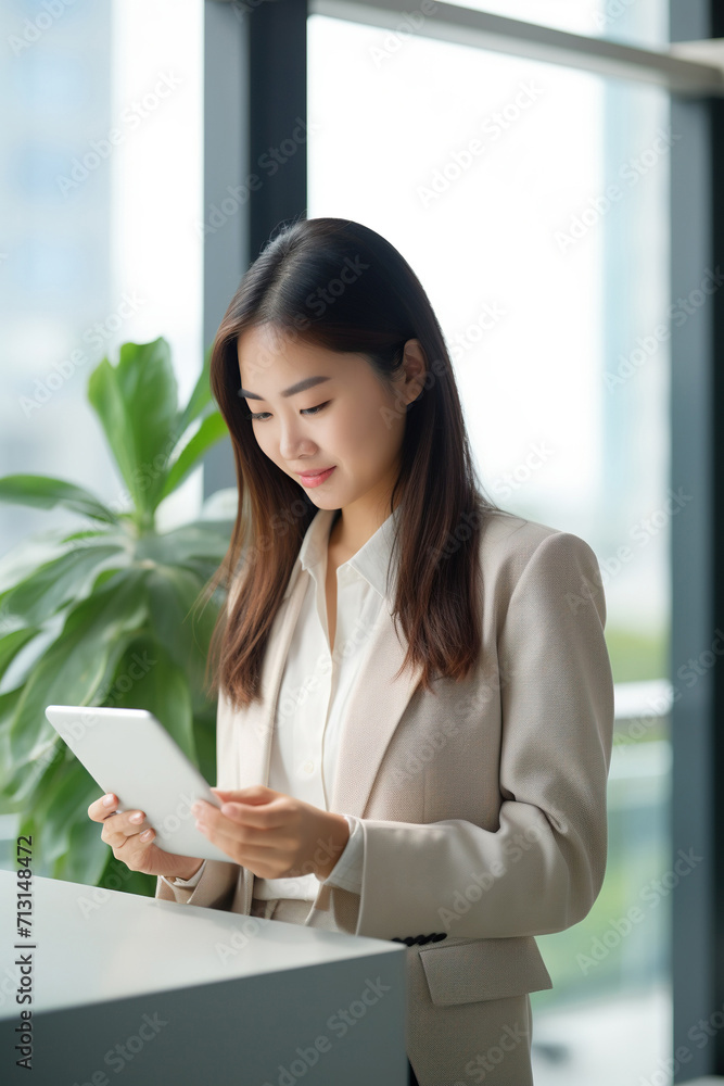 Young busy happy Asian business woman manager using mobile cell phone tech in office