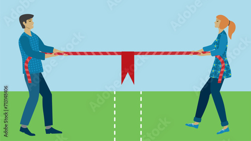 Man and woman in tug-of-war competition. Dragging rope with flag. Dimension 16:9. Vector illustration.