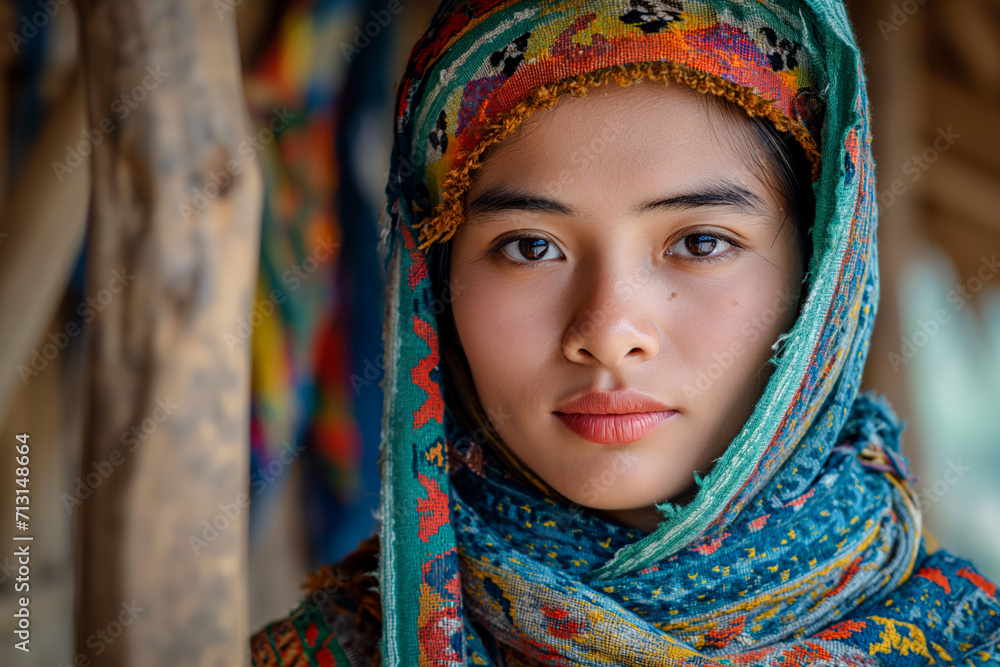 Young Woman in Colorful Traditional Shawl Young Woman in Colorful Traditional Shawl