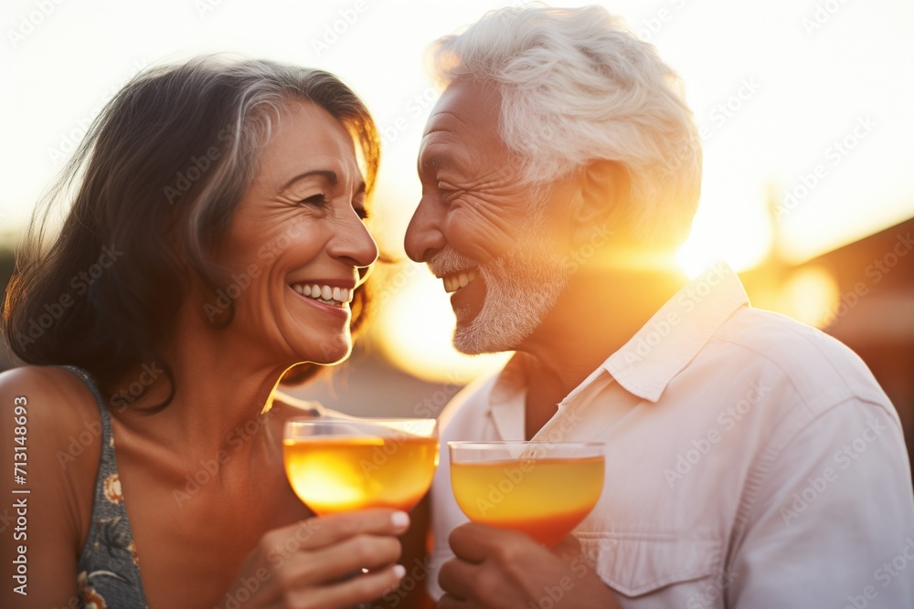 smiling couple clinking margarita glasses at sunset smiling couple clinking margarita glasses at sunset