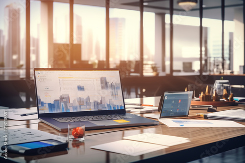 Wallpaper Mural Office with modern devices and hand drawn project presentation 3D rendering Torontodigital.ca