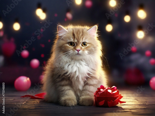Fluffy Cat in Valentine's Day Gift. Generative Ai