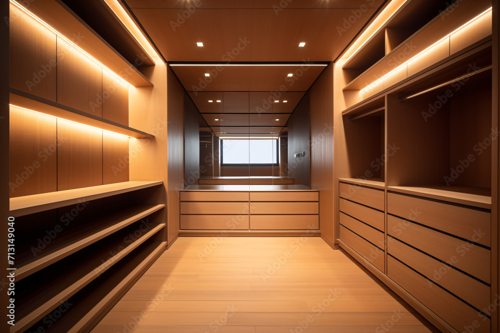 Walk in closet interior design, empty warm wooden walk in wardrobe in modern luxury and minimal style. Walk in closet interior design, empty warm wooden walk in wardrobe in modern luxury and minimal style.