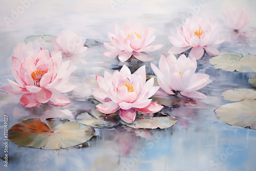 Pink and white lotus blossoms or water lily flowers blooming on pond