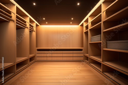 Walk in closet interior design, empty warm wooden walk in wardrobe in modern luxury and minimal style.
