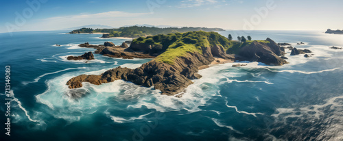Serene oceanic panorama with lush green islands and rocky shores