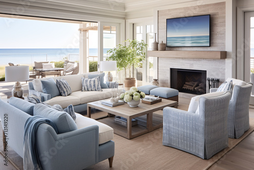 Coastal living room interior design in blue and white, stylish modern coastal livingroom. © Sunday Cat Studio