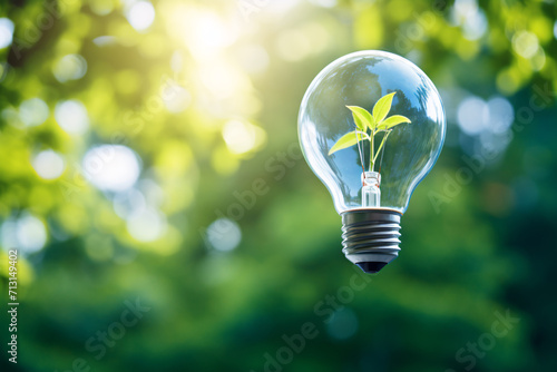 Light bulb on green forest background, sustainable energy and idea concept.