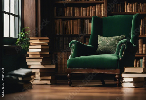 Arm chair in a room with book shelves