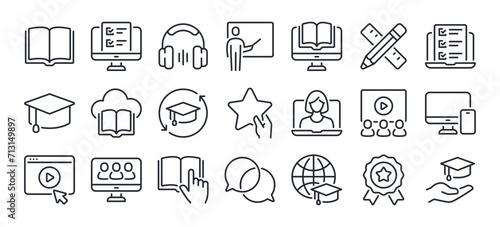 Education, seminar, online learning, webinar editable stroke outline icons set isolated on white background flat vector illustration. Pixel perfect. 64 x 64.