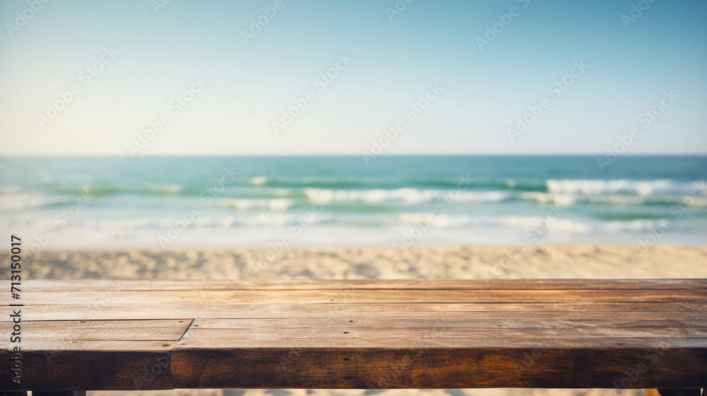 Fototapeta premium Wooden table ocean bokeh background, empty wood desk surface product display mockup with blurry sea water sunny beach abstract summer travel backdrop advertising presentation. Mock up, copy space.
