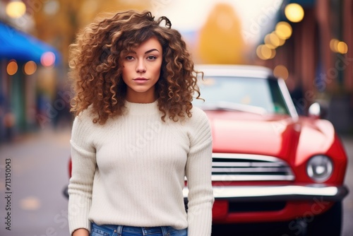 young girl with ringlets by a vintage car photo