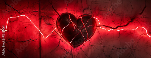 Red neon heart on cracked surface
