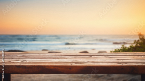 Wooden table ocean bokeh background  empty wood desk surface product display mockup with blurry sea water sunny beach abstract summer travel backdrop advertising presentation. Mock up  copy space.
