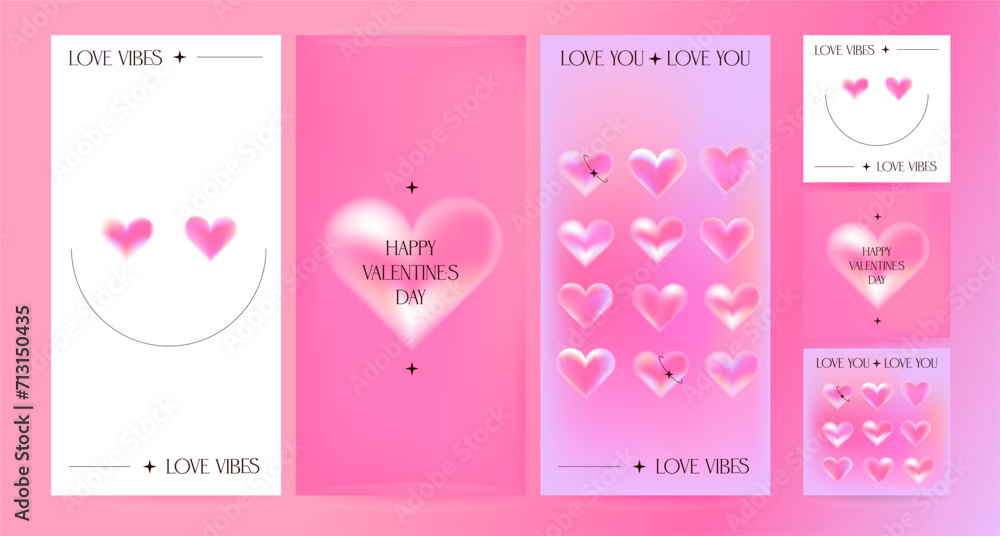 Valentine's Day vertical and square backgrounds set. Trendy gradients posters layout with creative blurry hearts. Social media stories templates for digital marketing and sales promotion. Vector eps10 Valentine's Day vertical and square backgrounds set. Trendy gradients posters layout with creative blurry hearts. Social media stories templates for digital marketing and sales promotion. Vector eps10