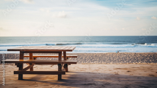 Wooden table ocean bokeh background  empty wood desk surface product display mockup with blurry sea water sunny beach abstract summer travel backdrop advertising presentation. Mock up  copy space.