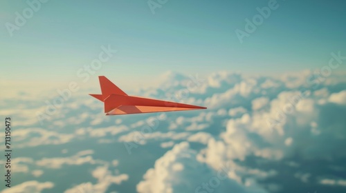 A vibrant red paper airplane soars high above the fluffy white clouds. Perfect for illustrating dreams, freedom, and adventure