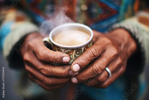 closeup of hands holding a cup of chai with steam rising photo