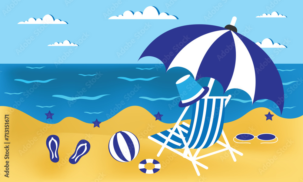 Happy summer sand beach banner of deck chair, umbrella, ball, starfish