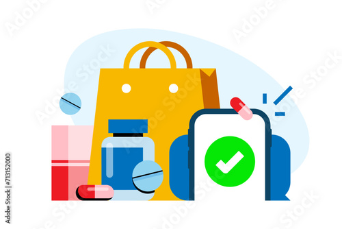 online pharmacy, order medicine via mobile application concept illustration flat design vector. modern graphic element for landing page ui, infographic, icon