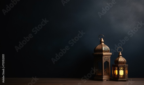 Ramadan Kareem Lantern on Dark Starry Background with Copy Space © vectoraja