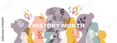 Women's History Month banner. Women of different ethnicities together.