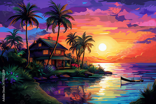 Beautiful sunset painting with boats, rivers, houses and trees.