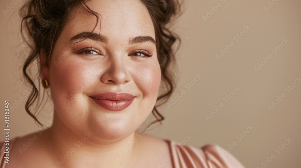 In a studio setting, a smiling plus-size woman exudes confidence. In a studio setting, a smiling plus-size woman exudes confidence.