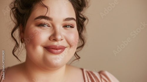 In a studio setting  a smiling plus-size woman exudes confidence.
