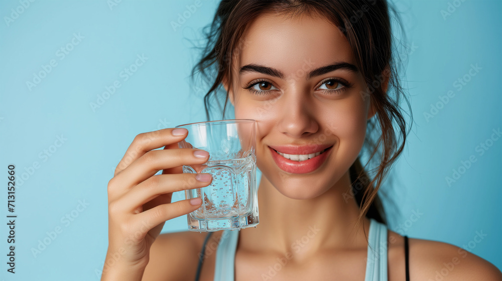 Smiling Young Woman Holding a Glass of Natural Pure Water Isolated on a Blue Background. Drink Habbits Concept for a Healthy Lifestyle. Smiling Young Woman Holding a Glass of Natural Pure Water Isolated on a Blue Background. Drink Habbits Concept for a Healthy Lifestyle.