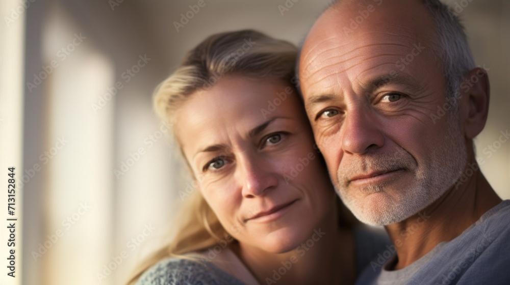 A middle-aged European couple holds each other tenderly in their home. A middle-aged European couple holds each other tenderly in their home.