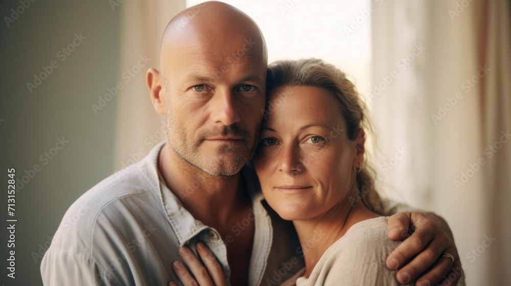 A cozy scene as a European couple in their middle age embraces at home.