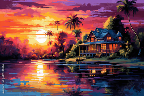 Beautiful sunset painting with boats  rivers  houses and trees.