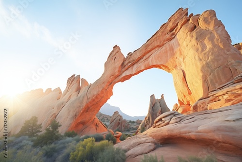 sunrise illuminating a red rock canyon arch