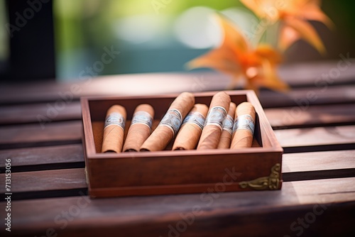 cigars arrayed in an open wooden box photo