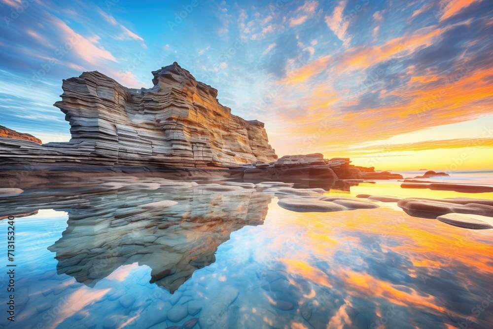 colorful sunset reflecting on cliff face and sea