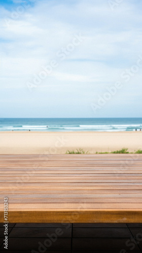 Wooden table ocean bokeh background  empty wood desk surface product display mockup with blurry sea water sunny beach abstract summer travel backdrop advertising presentation. Mock up  copy space.